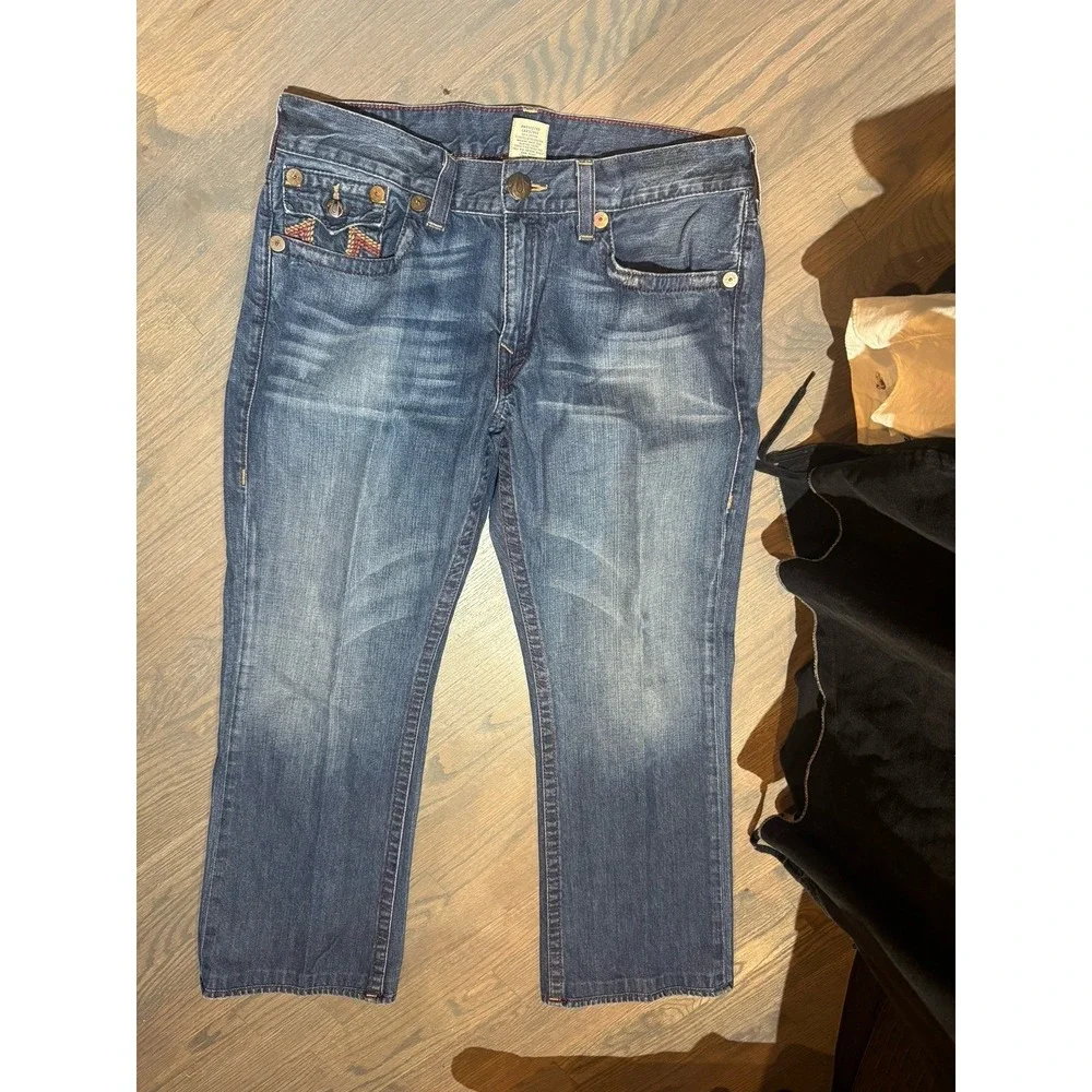 True Religion Men's  Embroidered Distressed Joey Super T Blue Denim JeansSz38x30